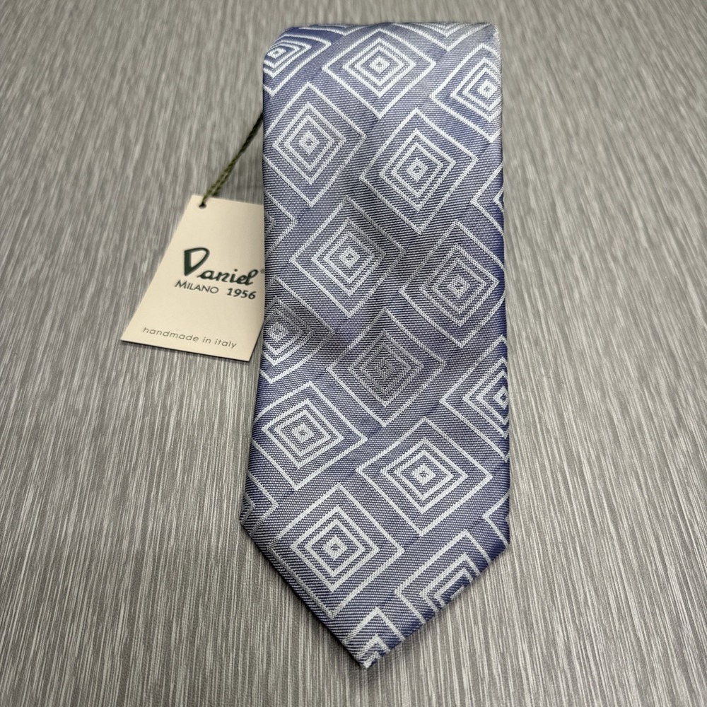 Daniel Milano Silk Tie Silver Blue Geometric Hand Made Italy
